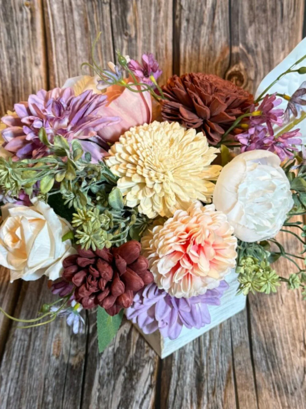 Rustic Burgundy Sola Wood Floral Arrangement in wooden box farmhouse home decor
